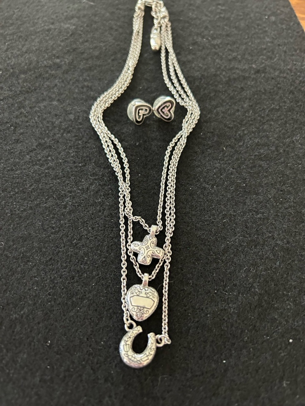 Brighton Silver-Tone Multi Pendant Layered Necklace with Heart Studs